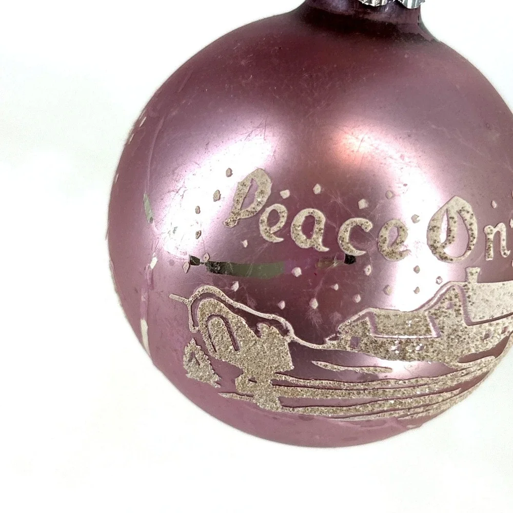 Vintage Shiny Brite Peace On‎ Earth Farm Stencil Lilac Glass Christmas Ornament
